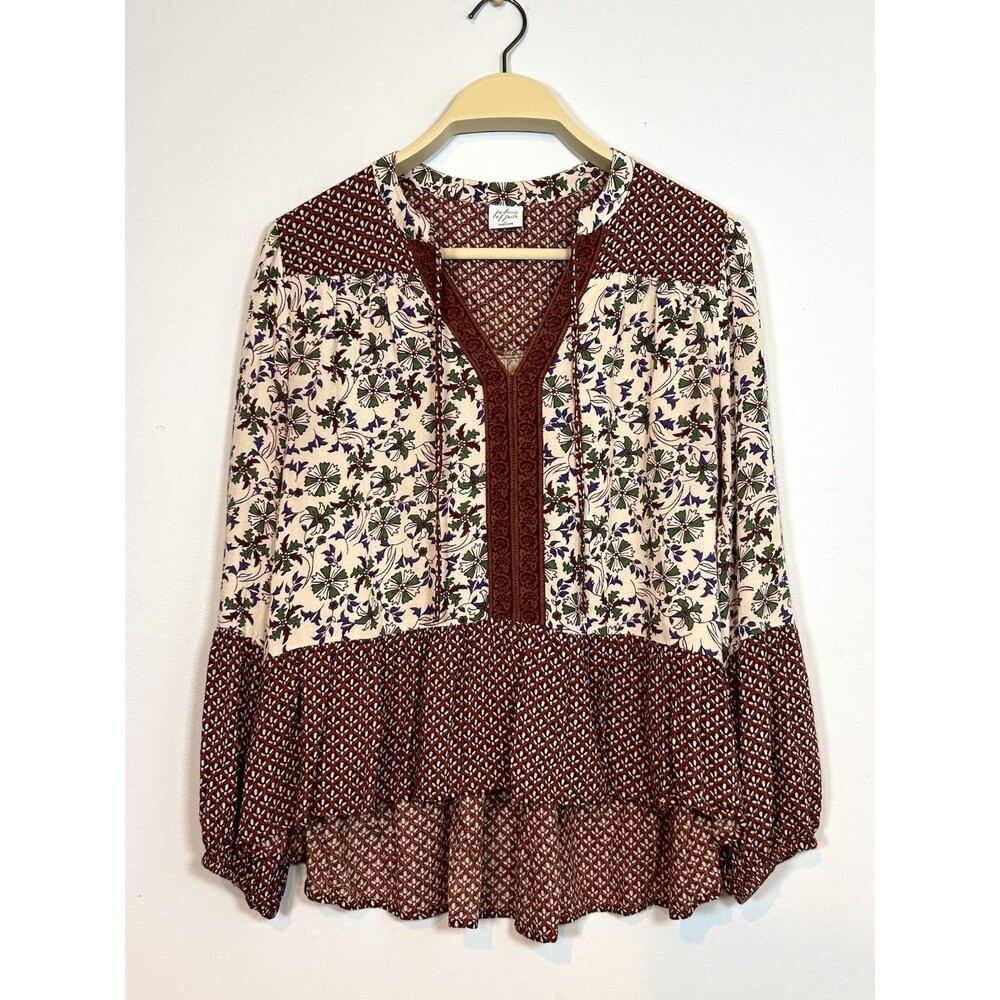 Boho Floral Peplum Blouse Womens Small Brown Cream Ruffle Festival Top